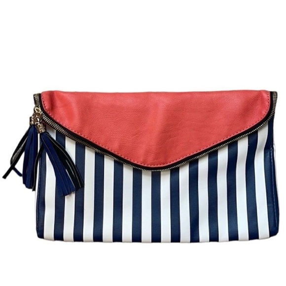 Melie Bianco Handbags - Striped Clutch with Coral Flap